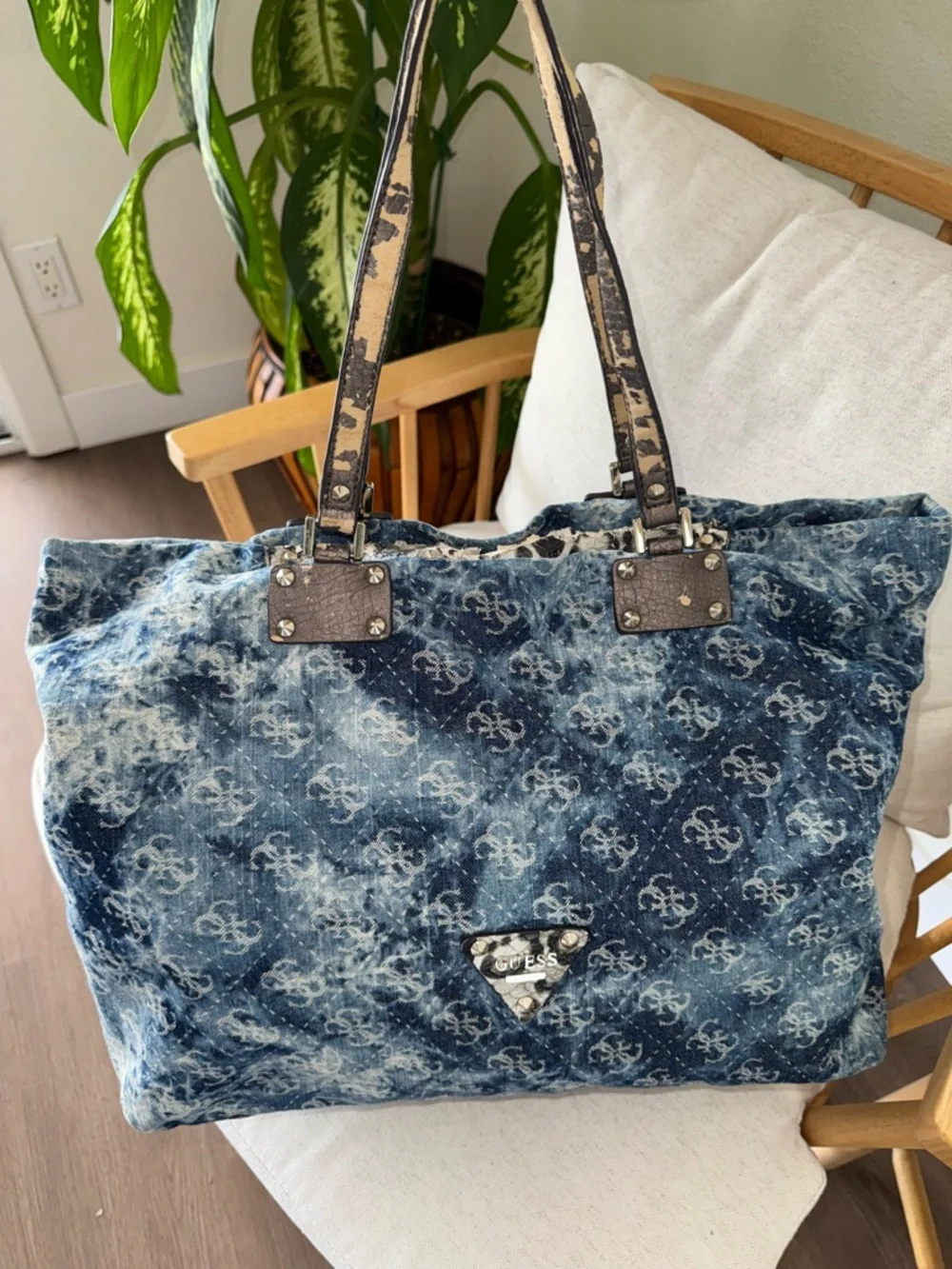 Vintage GUESS Blue Denim Logo Print Large Monogram Y2K Tote Shoulder Bag-READ